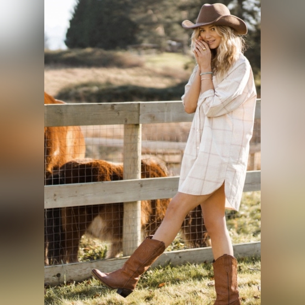 Jackson Rowe Cream Plaid Long Sleeve Shirt Dress